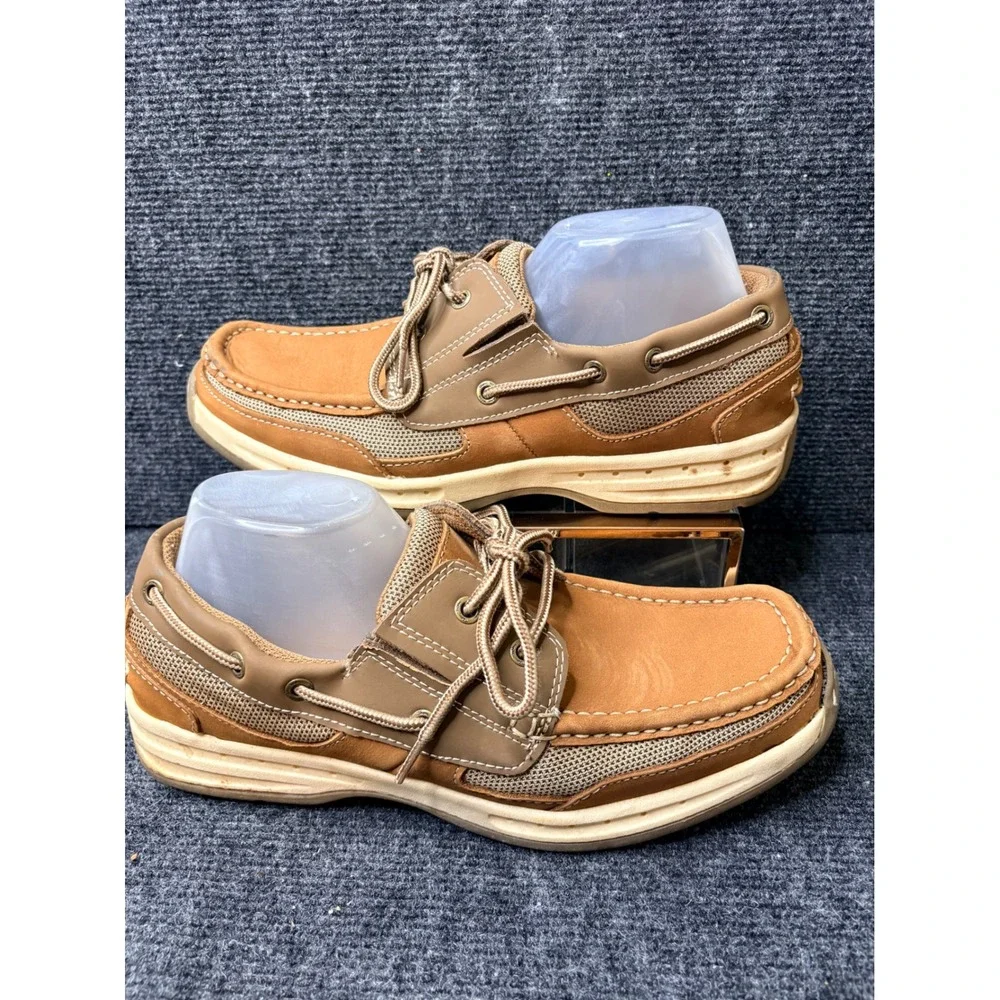 Thom McAn Mens Tan Leather Mesh Boat Shoes Lace Up Loafers Size 9.5